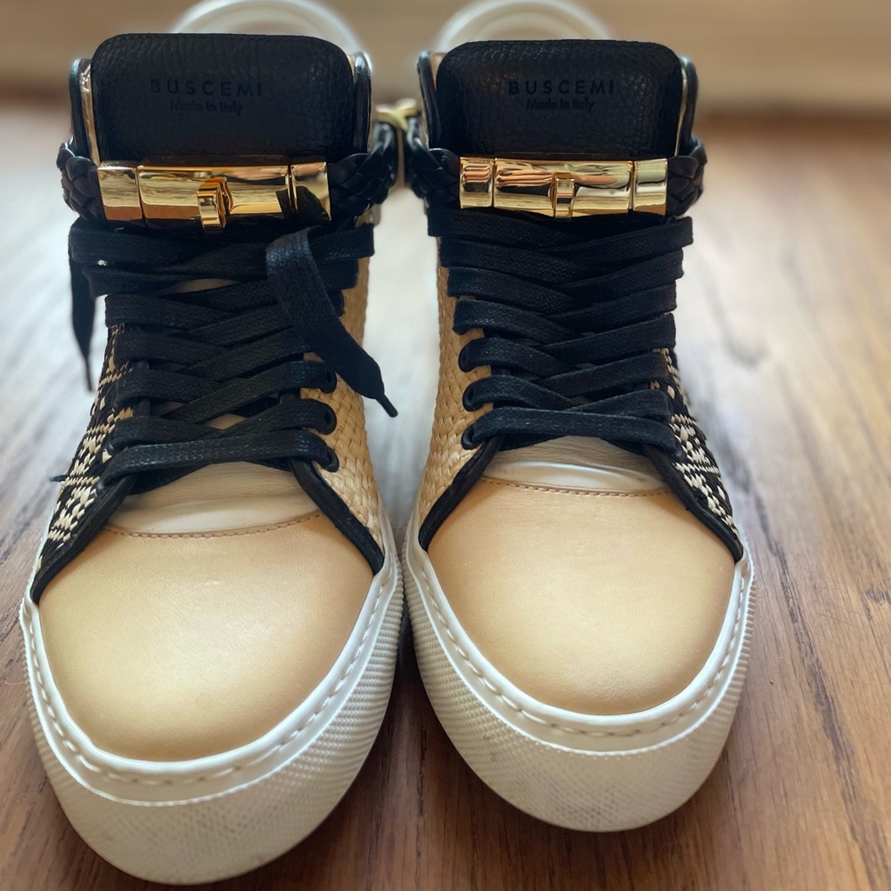 RARE Buscemi Womens 100MM Leather High Top Cream / Black & White Sneakers Size 7